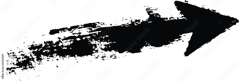 Poster Black arrow painted with splashes isolated on white background. Black arrow marker isolated with a hand-drawn effect on a white background. 