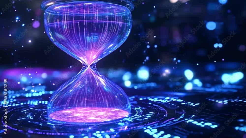 Poster glowing particles surround a holographic hourglass, resting on a futuristic platform with intricate 