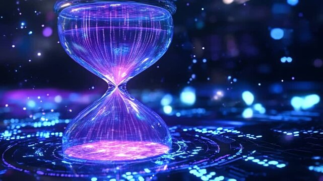Glowing particles surround a holographic hourglass, resting on a futuristic platform with intricate circular patterns, symbolizing the passage of time in a digital realm