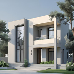 Modern luxury house with garden and balcony, featuring a clean white facade and blue sky