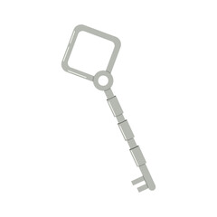 Stylized silver vintage key with a square loop and segmented shaft. Unique and modern vector illustration of a decorative antique key.