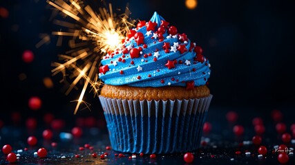 Patriotic blue cupcake with red and white sprinkles and sparkler