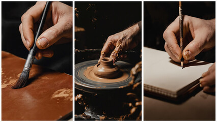 A montage of hands painting, shaping clay on a pottery wheel, and drawing on a sketchpad surface