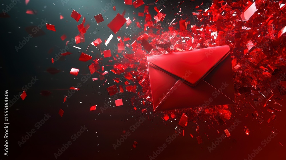 Poster exploding red envelope, digital art, message, communication concept.