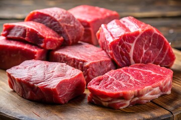 close-up of fresh raw beef steak chunks on wooden board, vibrant red uncooked meat pieces perfect for cooking, grilling, culinary preparation