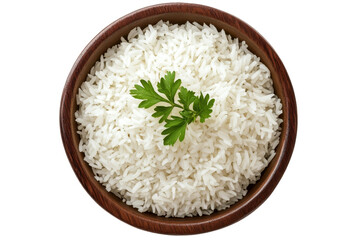Bowl of cooked white rice topped with fresh parsley, isolated on a transparent background for culinary presentations and food styling