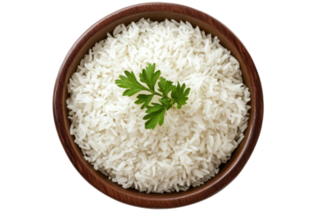 Bowl of cooked white rice topped with fresh parsley, isolated on a transparent background for culinary presentations and food styling