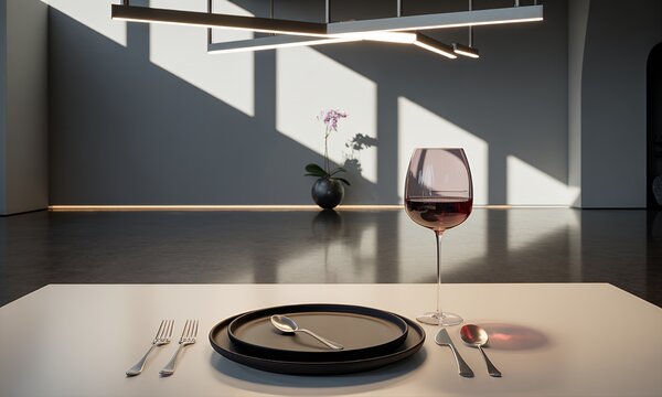 Elegant Table Setting with Wine Glass and Modern Lighting