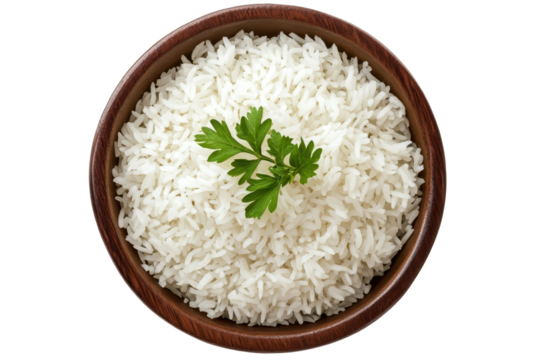 Bowl of cooked white rice topped with fresh parsley, isolated on a transparent background for culinary presentations and food styling