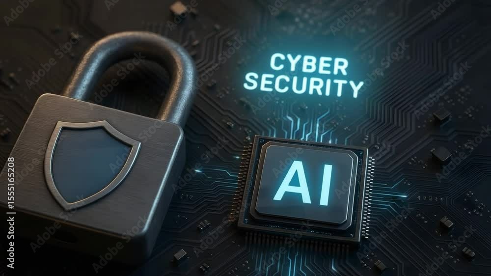 Aufkleber a metallic padlock sits beside an ai-labeled microchip on a circuit board under “cyber security” tex