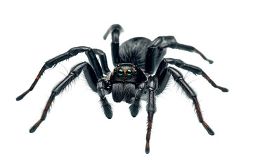 Obraz premium Black spider with prominent features captured on a transparent background showcasing its unique physical traits prominently in detail