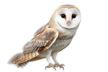 Barn owl perched gracefully on a natural base against a clean white background, showcasing its stunning plumage and notable facial features