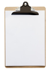 Wooden Displays physical clipboard with clip at the top for holding white blank paper isolated on...