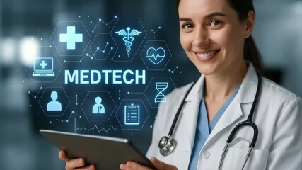 A female doctor in scrubs holds a tablet displaying glowing medtech icons and data charts. Concept of digital healthcare. - Powered by Adobe