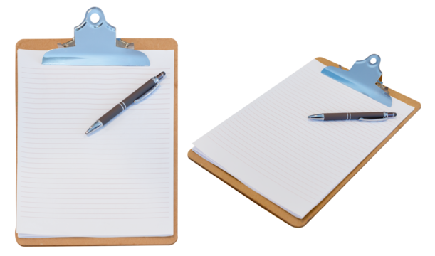 Wooden Displays physical clipboard with clip at the top for holding  blank paper no letter with pen isolated on white background, top view.