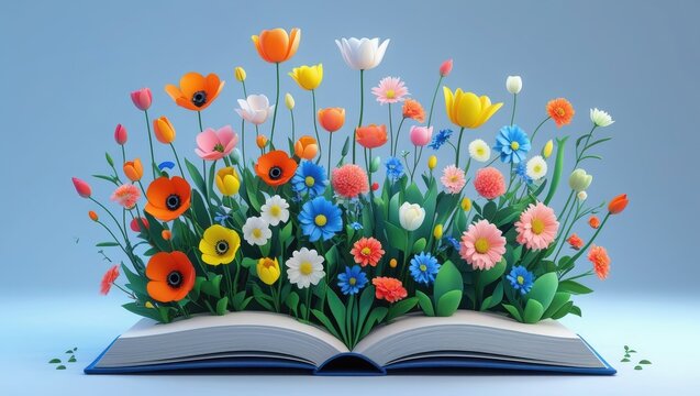 An open book with a vibrant array of colorful flowers blooming from its pages on a blue background.