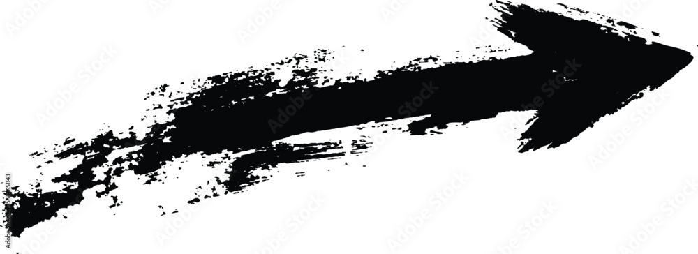 Poster Black arrow painted with splashes isolated on white background. Black arrow marker isolated with a hand-drawn effect on a white background. 