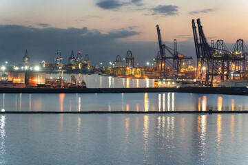 Valencia Spain the harbour by twilight, views from a cruise ship docked in the port,