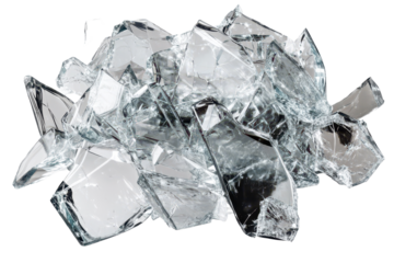 Pile of broken clear glass shards scattered on a surface reflecting light and displaying sharp edges in a well-lit environment