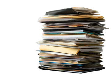 Stack of assorted documents isolated on a transparent background showcasing various colors and types of paper, ideal for use in design and presentation projects