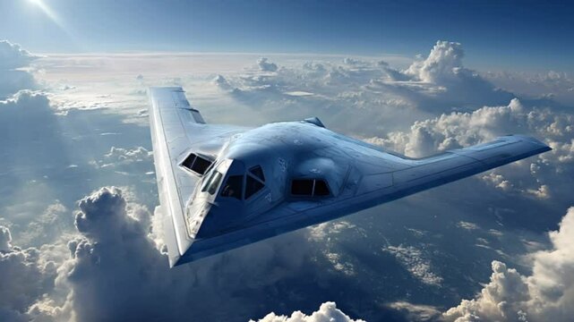 Northrop grumman b 2 spirit strategic stealth bomber gliding silently above white fluffy clouds, demonstrating advanced low observable aerospace technology and military aviation prowess