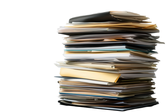 Stack of assorted documents isolated on a transparent background showcasing various colors and types of paper, ideal for use in design and presentation projects