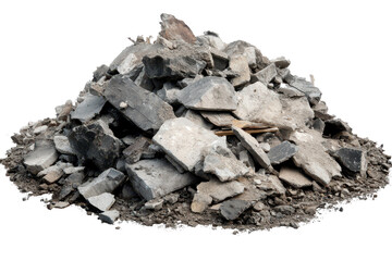 Pile of rubble and debris isolated on a transparent background representing construction waste and demolition aftermath
