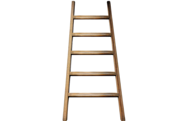 Wooden rolling ladder standing upright against a transparent backdrop showcasing its structure and design for interior or industrial use