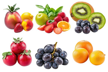 Variety of fresh fruits on a clean white background showcasing apples, strawberries, kiwis, oranges, and grapes for a healthy lifestyle and culinary delights