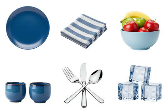 Set of Blue Ceramic Plate, Blue-Striped Napkin, Light Blue Fruit Bowl, Blue Ceramic Tea Cups, Metal Cutlery, and Ice Cubes on Transparent Background, Professional Product Photography