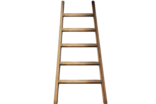 Wooden rolling ladder standing upright against a transparent backdrop showcasing its structure and design for interior or industrial use