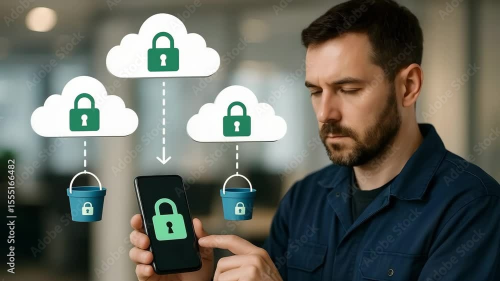 Poster a smartphone projects padlocked cloud icons linked to bucket symbols above its screen. concept of se