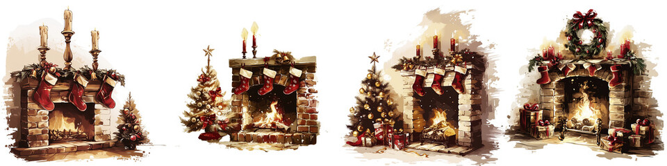 Christmas fireplace decorations with stockings and festive ornaments  