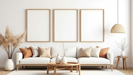 Modern living room with white sofa, beige pillows, and three empty vertical frames on a white wall. Stylish, minimalist, perfect for wall art mockup and home decor design.