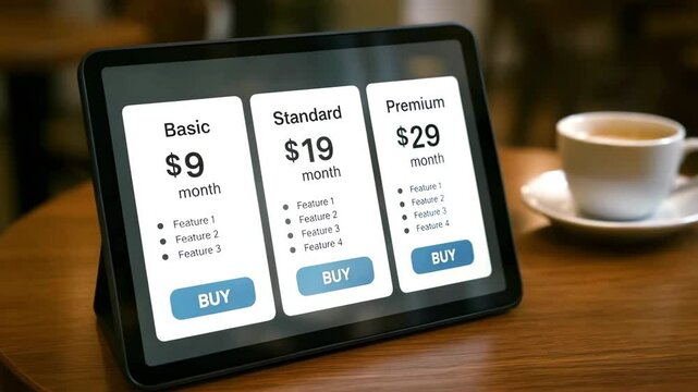 A tablet displays three pricing cards for Basic, Standard, and Premium plans on a wooden table. Concept of subscription tiers.