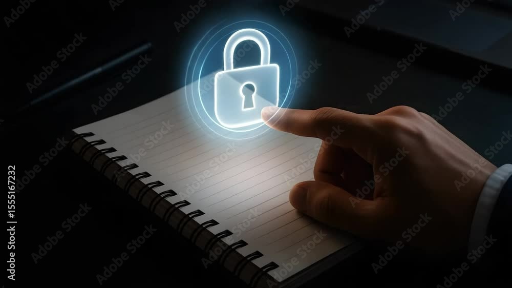 Poster a fingertip activates a glowing lock icon projected over a notebook. concept of access control.