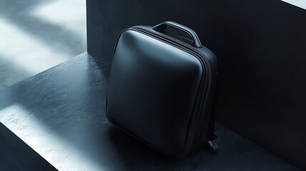Sleek black backpack on dark surface.