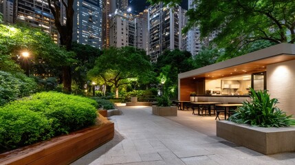 Fototapeta premium Illuminated glass building in Hong Kong city center features an outdoor food court and modern architecture amidst high-rise structures