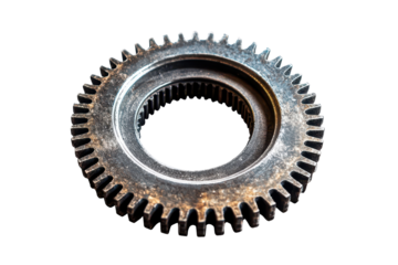 Detailed view of a metal gear wheel isolated on a transparent background highlighting its teeth and inner structure for mechanical engineering applications