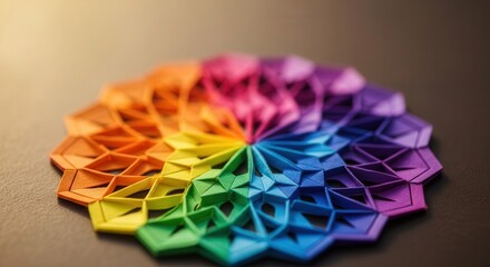 Colorful origami mandala with rainbow hues radiating center