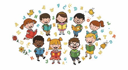 Fototapeta premium Children Reading Books Smiling Cheerfully in Colorful Classroom Scene