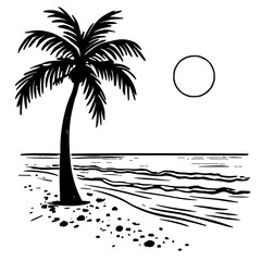 Modern Minimalist Beach Icon with Elegant Black Line Vector on Pure White Background Showcasing Precise Wave Contours