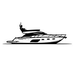Contemporary Flat Design Vector Illustration of a Stylish Yacht with Bold Black Outlines on a Pristine White Backdrop Emphasizing Icon Aesthetic