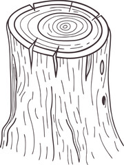 Hand-drawn tree stump with detailed growth rings and emerging leaves. Ideal for forest-themed art, nature education, or eco-friendly graphics. Monochrome sketch for organic design use.