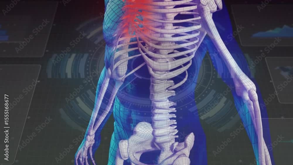 Poster on appearance 3d torso rotating revealing skeleton under scan arcs and data panels for diagnosis