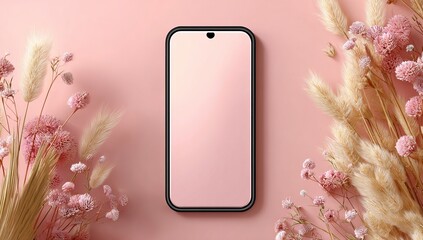 Photo of a phone with an empty screen mockup on a pastel pink background, surrounded by subtle decorative elements like pampas grass and tiny flowers. Web banner style with copy space to the right 