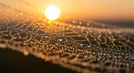 Glowing sunrise dewdrops on intricate spider web