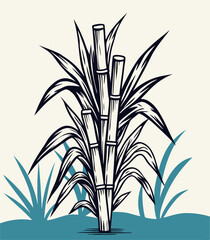 Sugarcane Plant Illustration: Black and White Vector Graphic