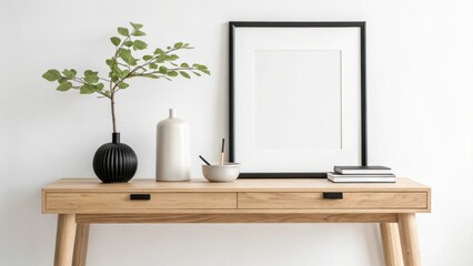 A frame, vases, and books decorate a wooden table against a white wall