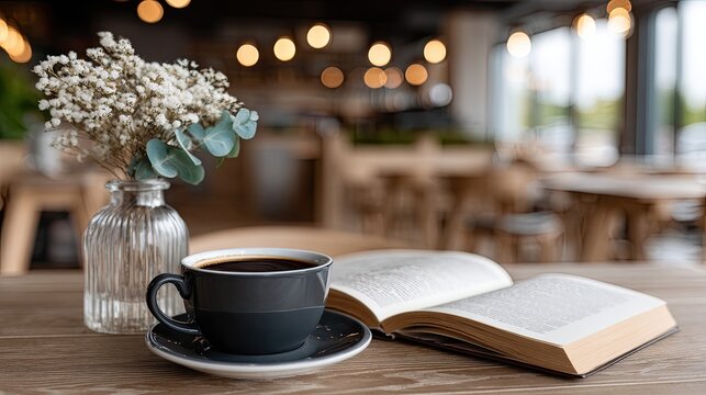 Cozy coffee shop showcases a laptop, open book, and flowers on the table with an hourglass, creating a serene atmosphere for work